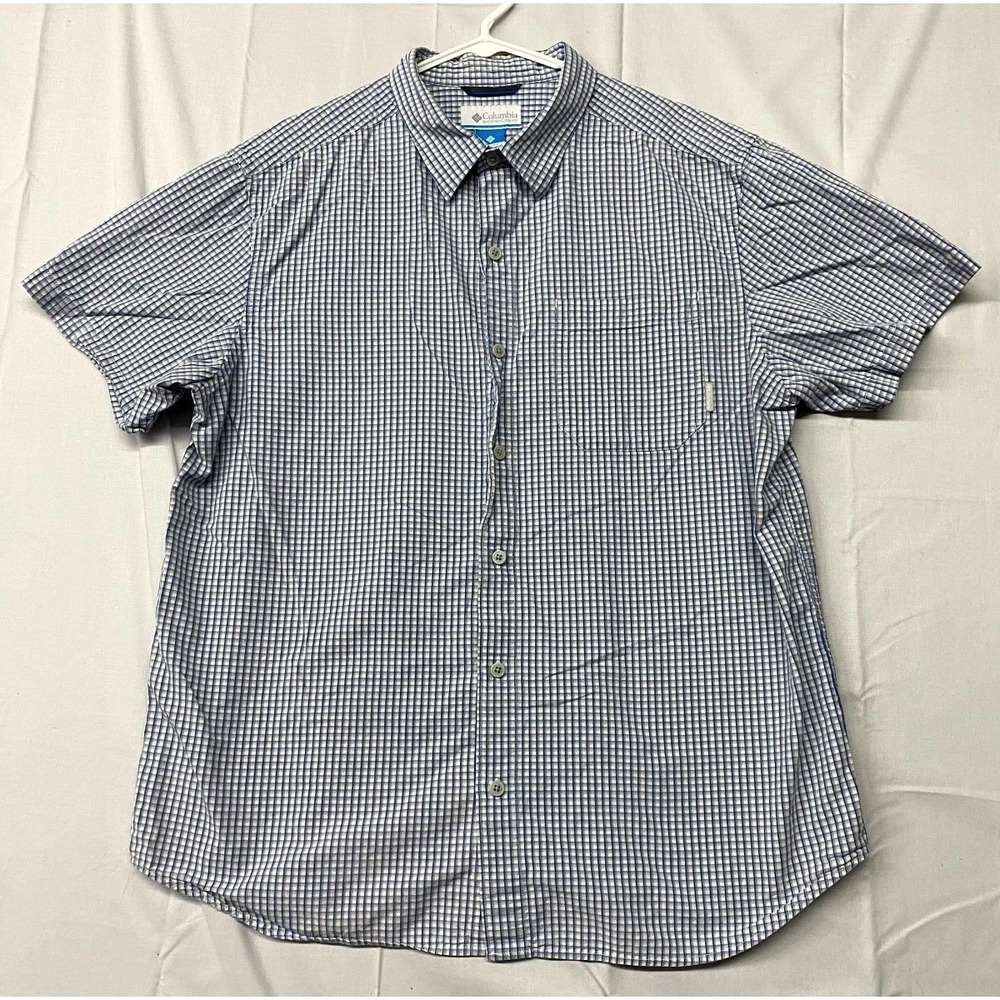 Columbia Shirt Mens XL Blue White Check Short Sleeve Chest Pocket Button Up